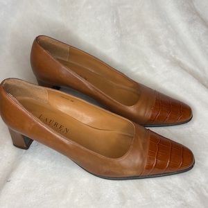 Lauren Ralph Lauren Brown Leather Croc Cap Toe Almond Toe Block Heel Pump Sz 8